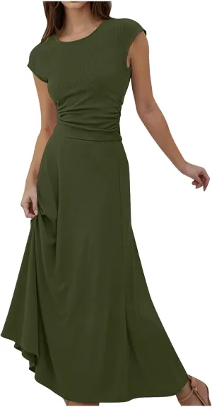 Skirt Sets Women 2 Piece Outfits Casual Ribbed Knit Crew Neck Short Sleeve Cropped Top Elastic Waist Swing Midi Skirts