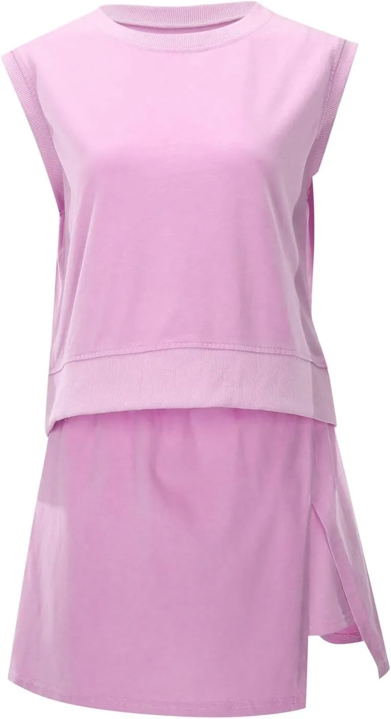 Skort Sets Women 2 Piece Outfits Sleeveless Tank and Side Split Skirts Matching Athletic Sets Cotton Summer Lounge Clothes