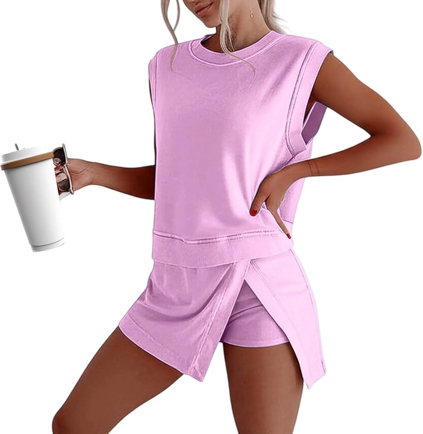 Skort Sets Women 2 Piece Outfits Sleeveless Tank and Side Split Skirts Matching Athletic Sets Cotton Summer Lounge Clothes