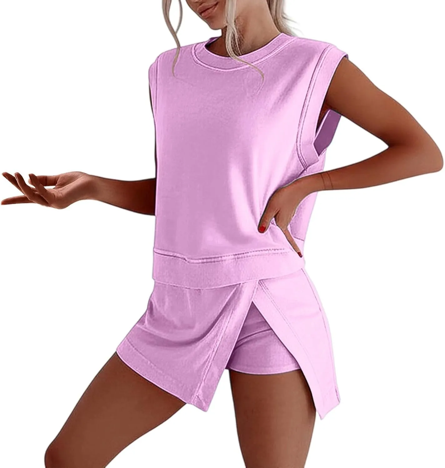Skort Sets Women 2 Piece Outfits Sleeveless Tank and Side Split Skirts Matching Athletic Sets Cotton Summer Lounge Clothes