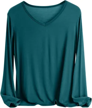 Sleep Shirts for Women Modal V Neck Solid Color Lounge Pajamas Top Soft Ladies Long Sleeve Pajama Shirt