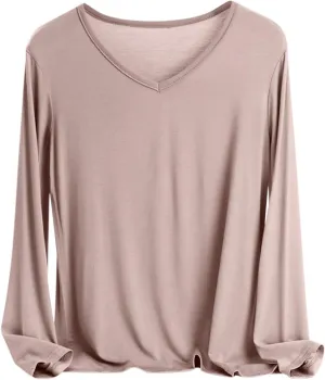 Sleep Shirts for Women Modal V Neck Solid Color Lounge Pajamas Top Soft Ladies Long Sleeve Pajama Shirt