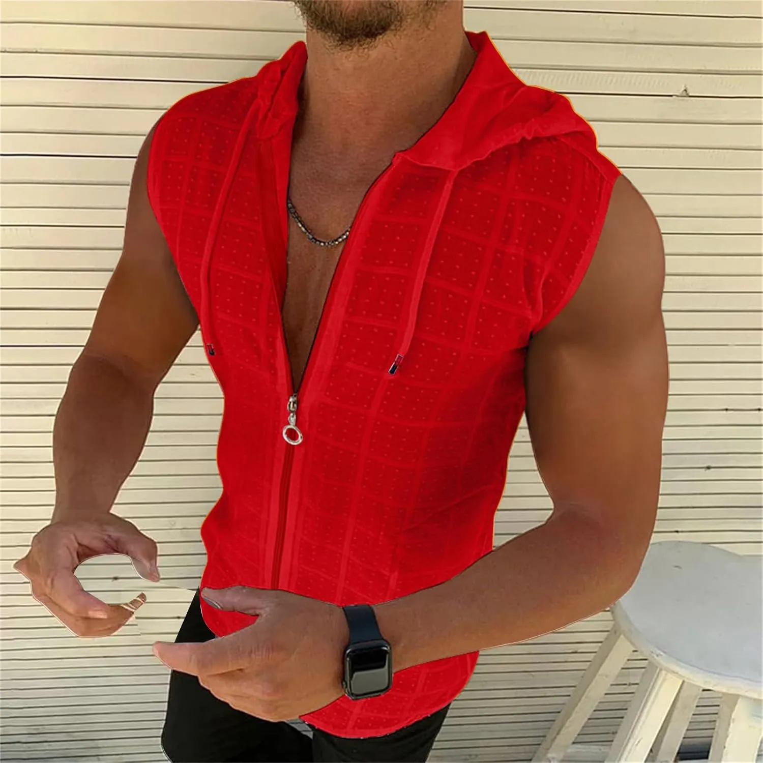 Sleeveless Hoodies for Men Casual Slim Fit Zip-Up Swiss Dot Drawstring Hooded Workout Tank Tops Fitness Muscle T Shirt
