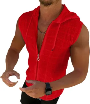 Sleeveless Hoodies for Men Casual Slim Fit Zip-Up Swiss Dot Drawstring Hooded Workout Tank Tops Fitness Muscle T Shirt