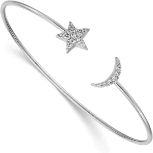 Solid 14k Yellow Gold Diamond Moon and Star Flexible Bangle Cuff Bracelet (.251 cttw.)