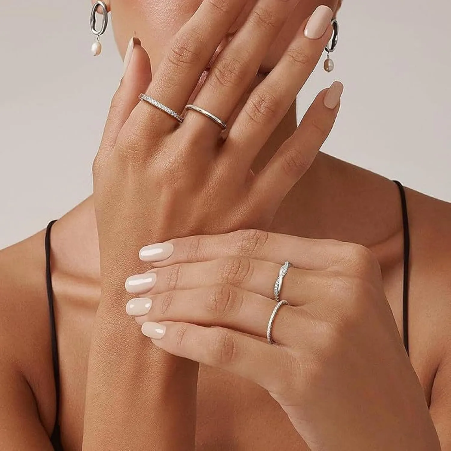 Stackable Gold Rings for Women Fashion 4-piece diamond ring set 14K Gold Plated Stackable Thin Rings Cubic Zirconia Thumb Ring Set Trendy Statement Promise Wedding Engagement Rings (7, silver)