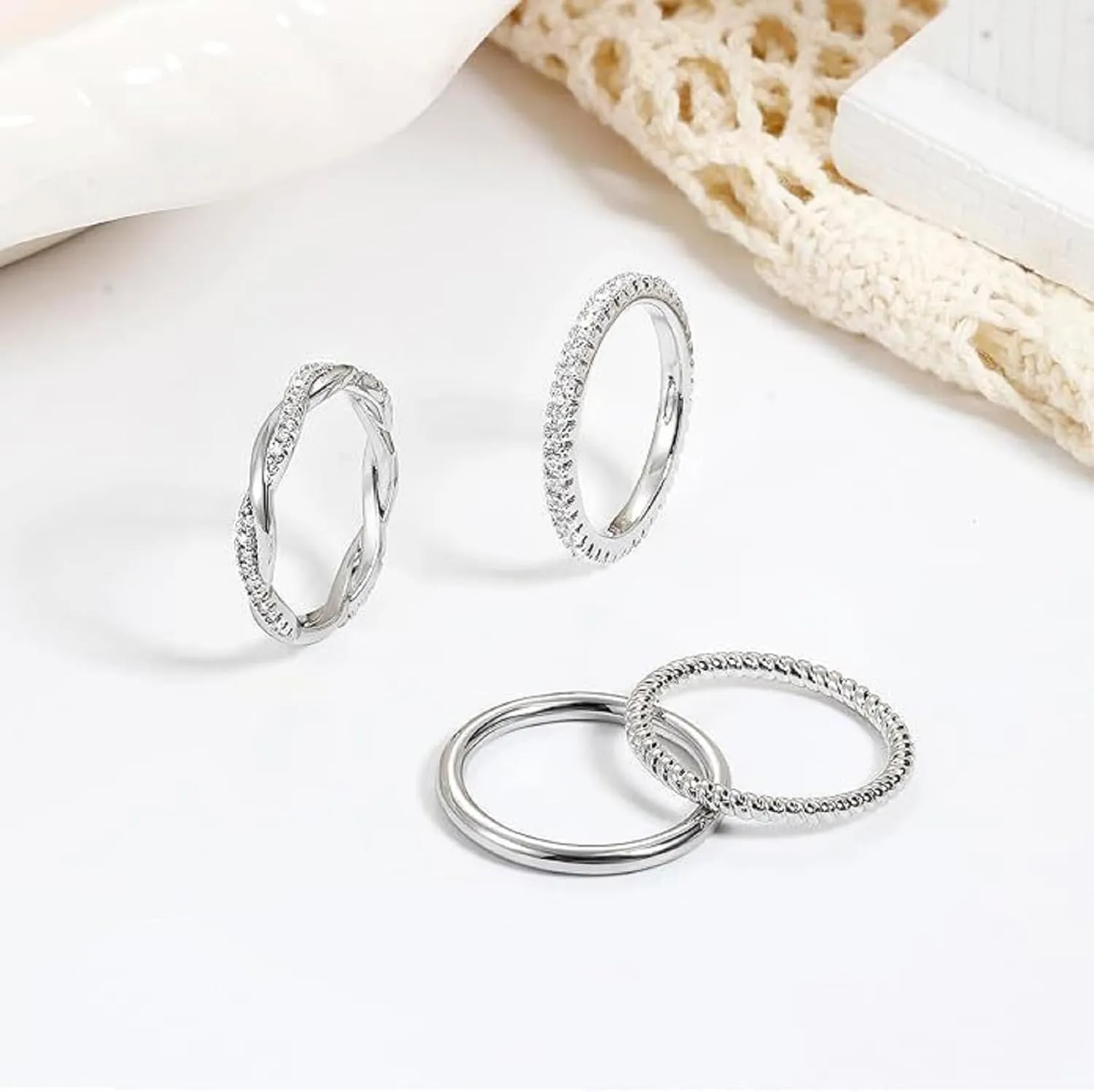 Stackable Gold Rings for Women Fashion 4-piece diamond ring set 14K Gold Plated Stackable Thin Rings Cubic Zirconia Thumb Ring Set Trendy Statement Promise Wedding Engagement Rings (7, silver)