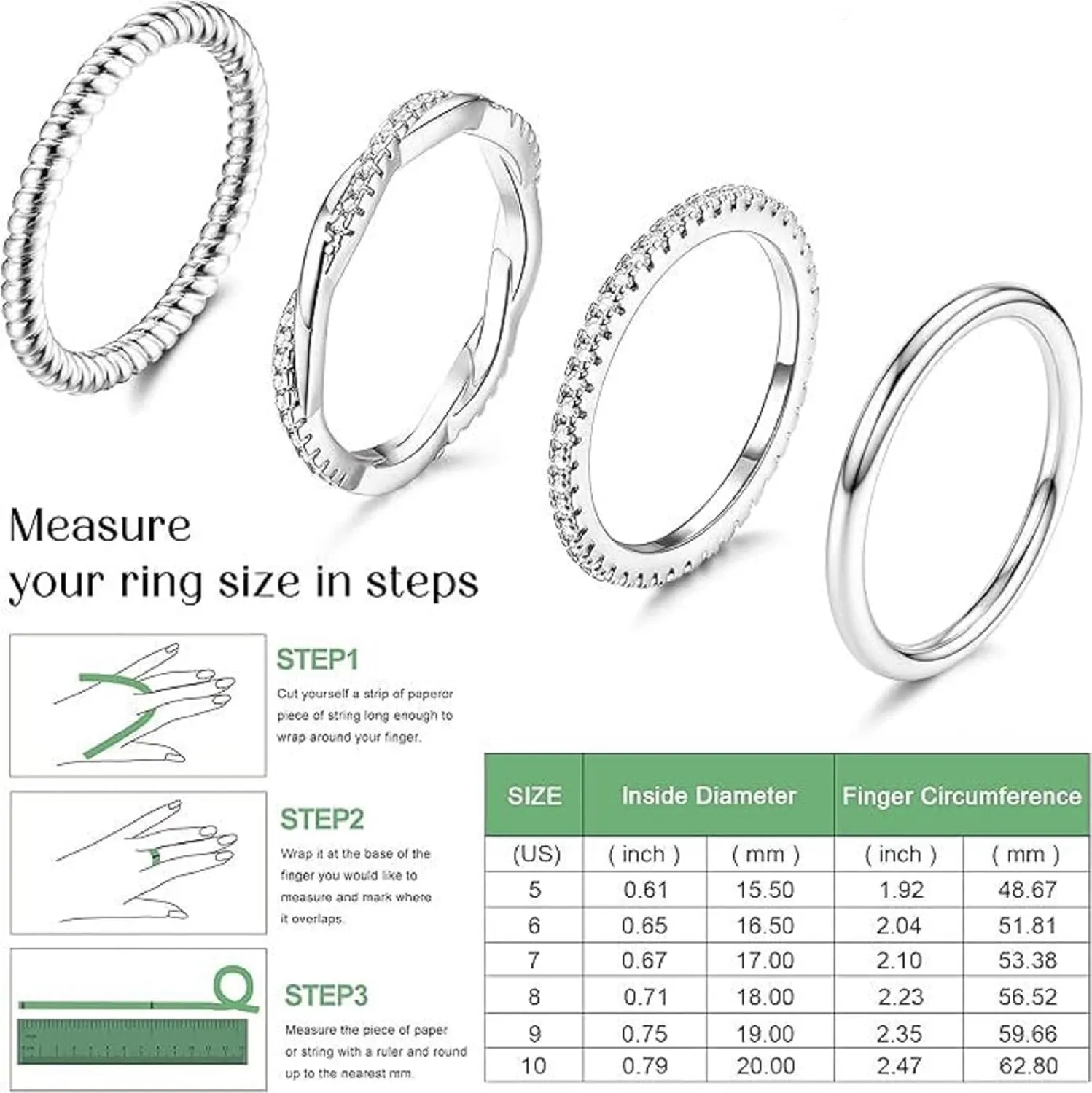 Stackable Gold Rings for Women Fashion 4-piece diamond ring set 14K Gold Plated Stackable Thin Rings Cubic Zirconia Thumb Ring Set Trendy Statement Promise Wedding Engagement Rings (7, silver)