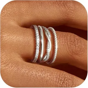Stackable Gold Rings for Women Fashion 4-piece diamond ring set 14K Gold Plated Stackable Thin Rings Cubic Zirconia Thumb Ring Set Trendy Statement Promise Wedding Engagement Rings (7, silver)