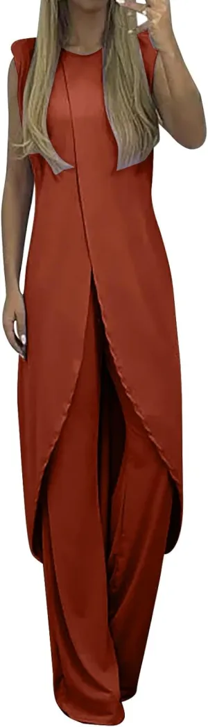 Summer Outfits for Women 2024 Sleeveless Long Vest Robe 2-Piece Sets Front Cross Split Gown Blouse Wide Leg Pants Suit