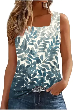Summer Plus Size Tank Tops for Women 2025 Casual Sleeveless Square Neck Boho Tops Trendy Vacation Floral Boho Tshirts