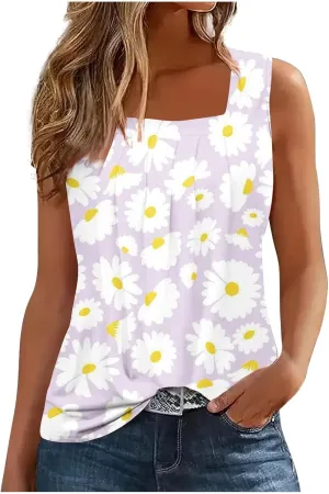 Summer Plus Size Tank Tops for Women 2025 Casual Sleeveless Square Neck Boho Tops Trendy Vacation Floral Boho Tshirts