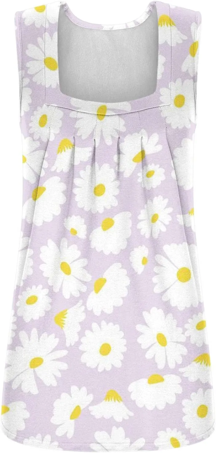 Summer Plus Size Tank Tops for Women 2025 Casual Sleeveless Square Neck Boho Tops Trendy Vacation Floral Boho Tshirts