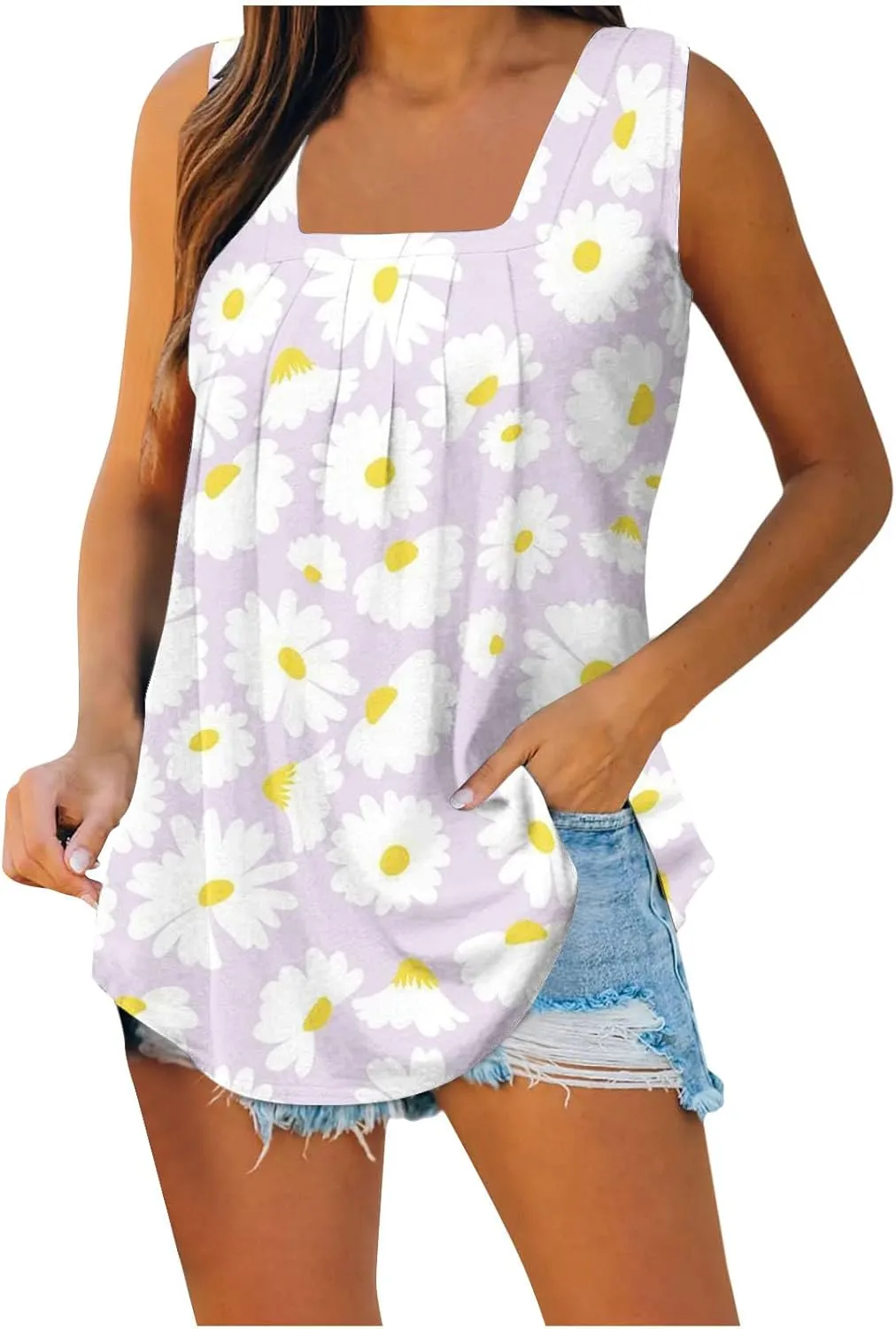 Summer Plus Size Tank Tops for Women 2025 Casual Sleeveless Square Neck Boho Tops Trendy Vacation Floral Boho Tshirts