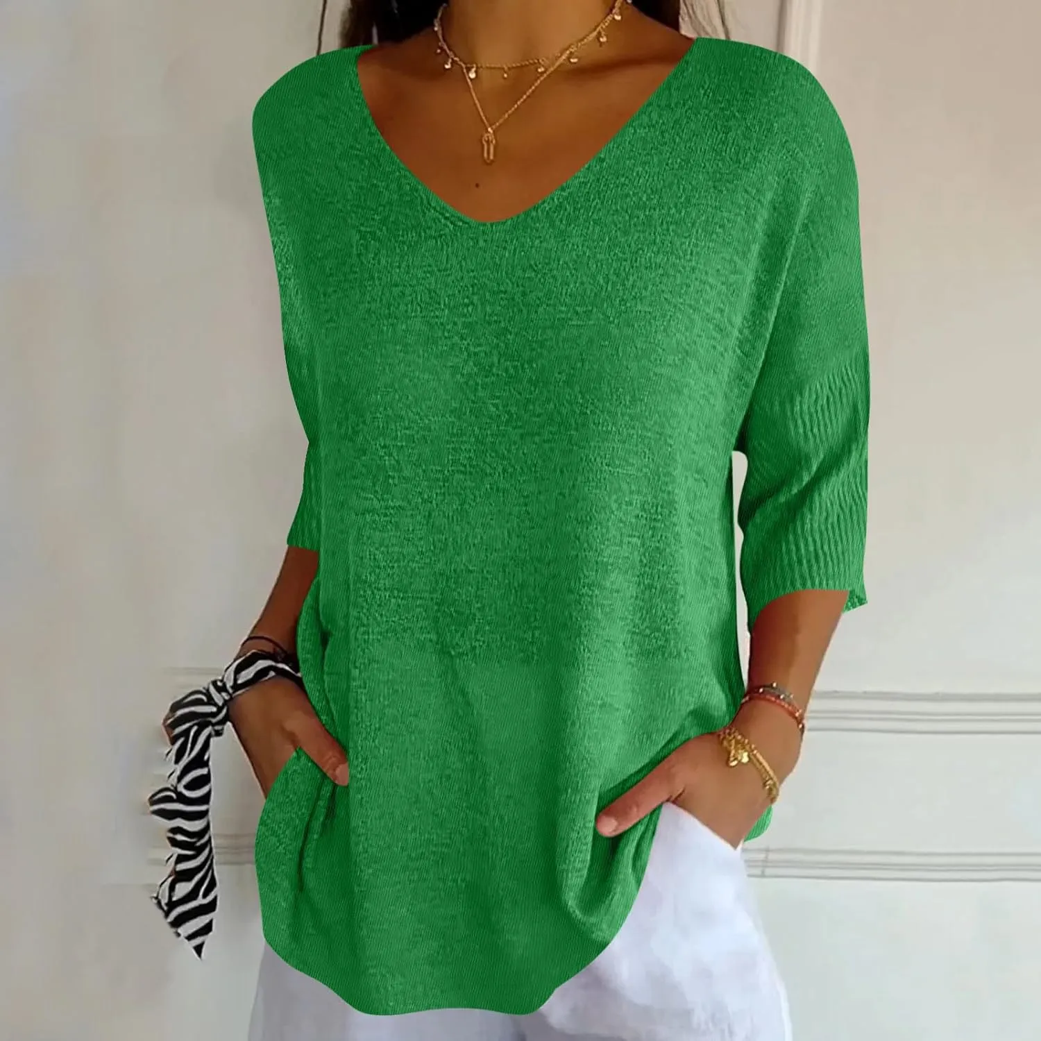 Summer Sweaters for Women 3/4 Sleeve Oversized Top V Neck Loose Fit Ribbed T Shirt Solid Color Casual Blouse