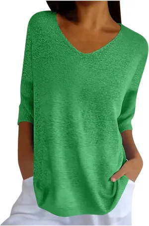 Summer Sweaters for Women 3/4 Sleeve Oversized Top V Neck Loose Fit Ribbed T Shirt Solid Color Casual Blouse