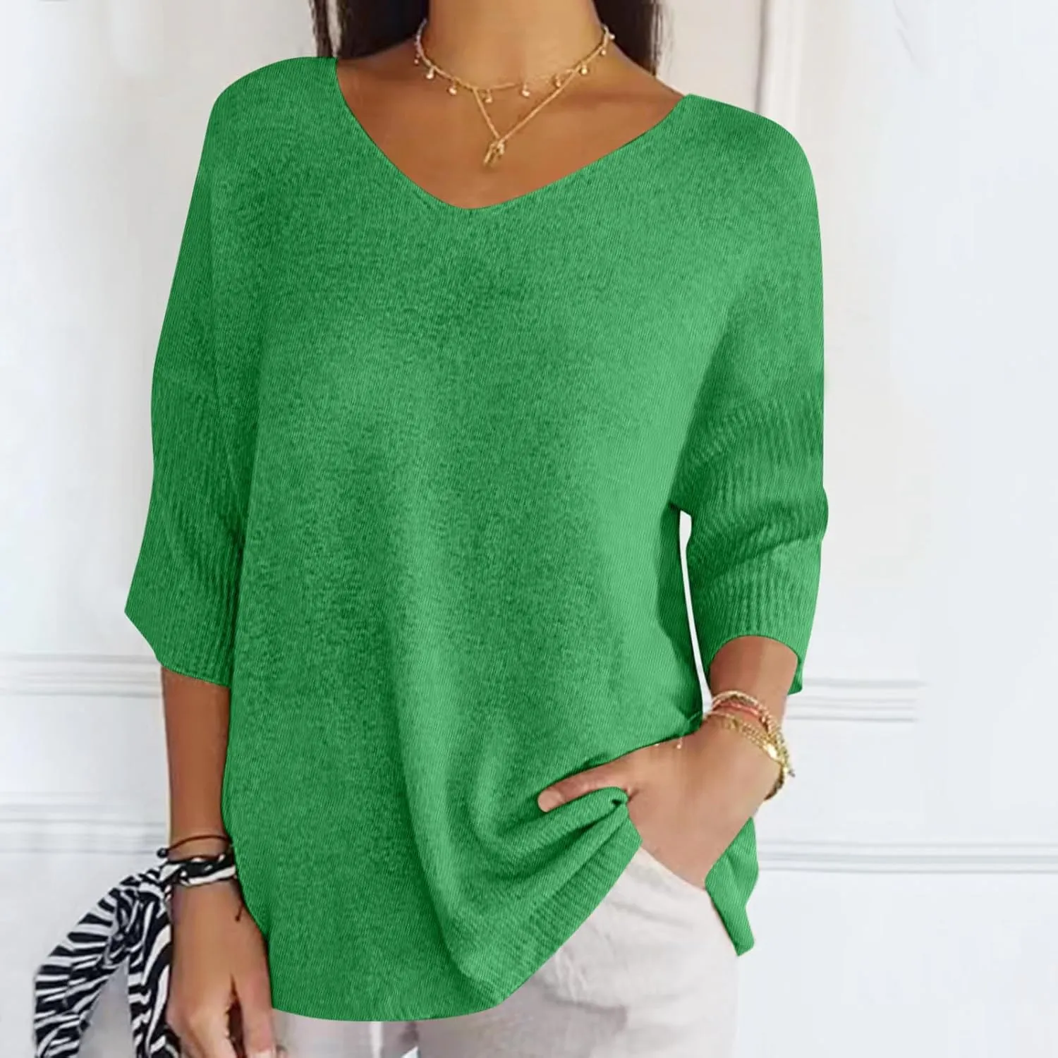 Summer Sweaters for Women 3/4 Sleeve Oversized Top V Neck Loose Fit Ribbed T Shirt Solid Color Casual Blouse