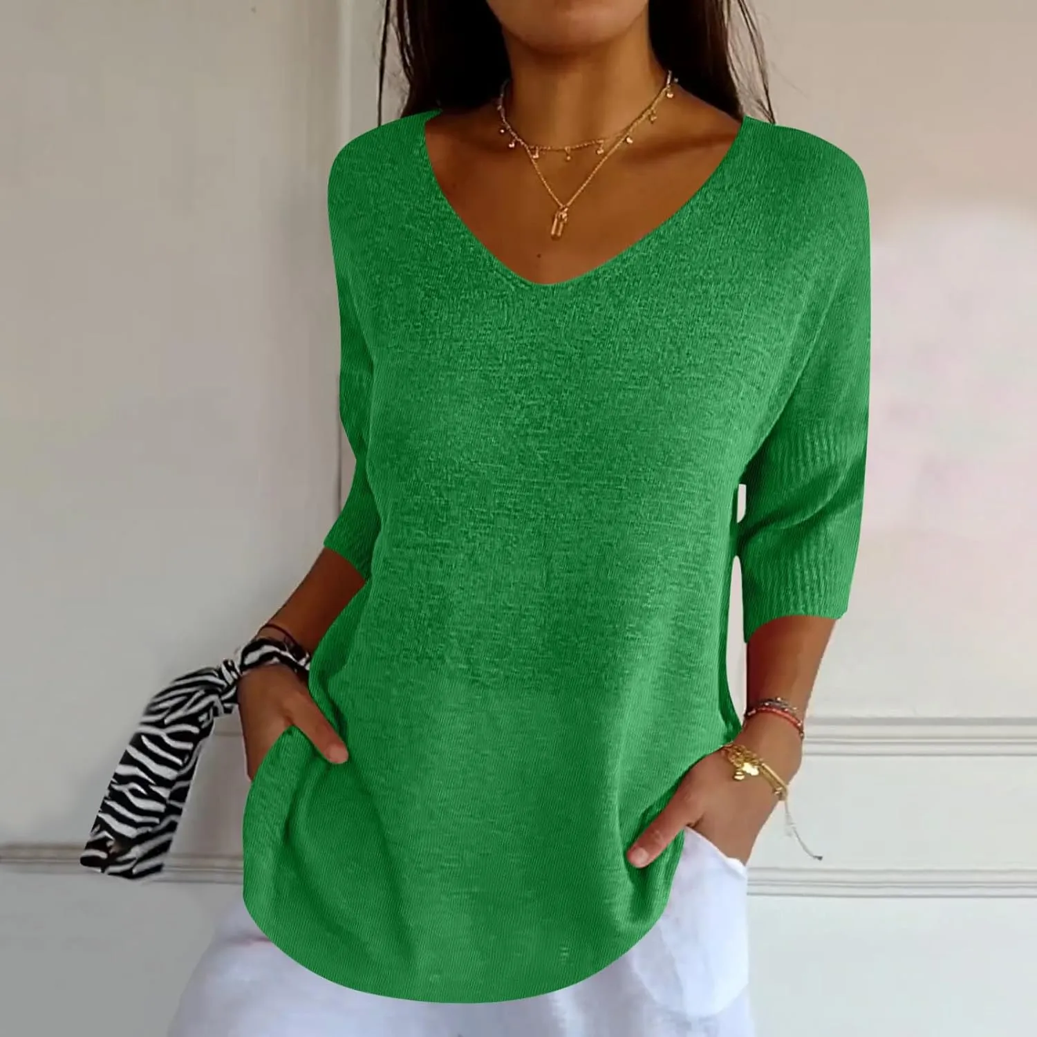 Summer Sweaters for Women 3/4 Sleeve Oversized Top V Neck Loose Fit Ribbed T Shirt Solid Color Casual Blouse