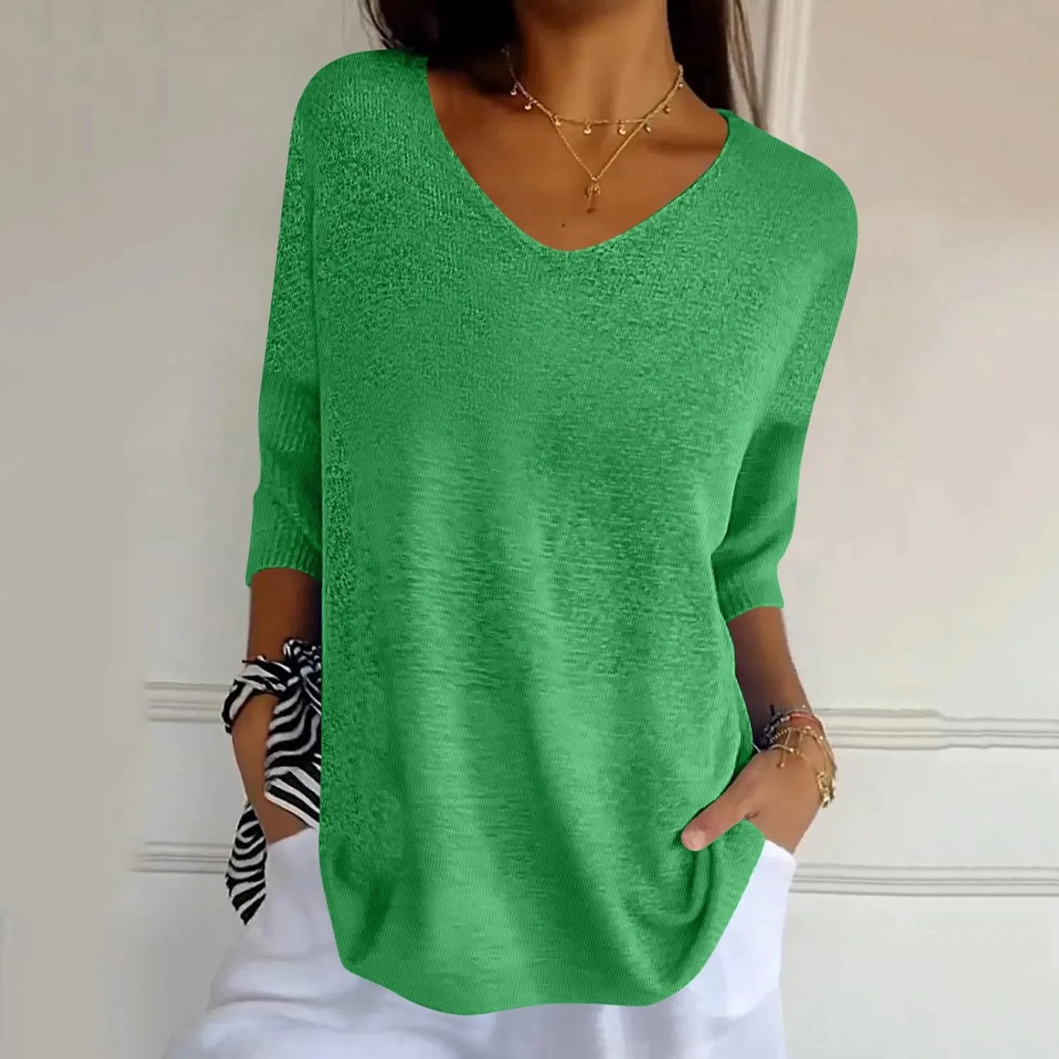 Summer Sweaters for Women 3/4 Sleeve Oversized Top V Neck Loose Fit Ribbed T Shirt Solid Color Casual Blouse