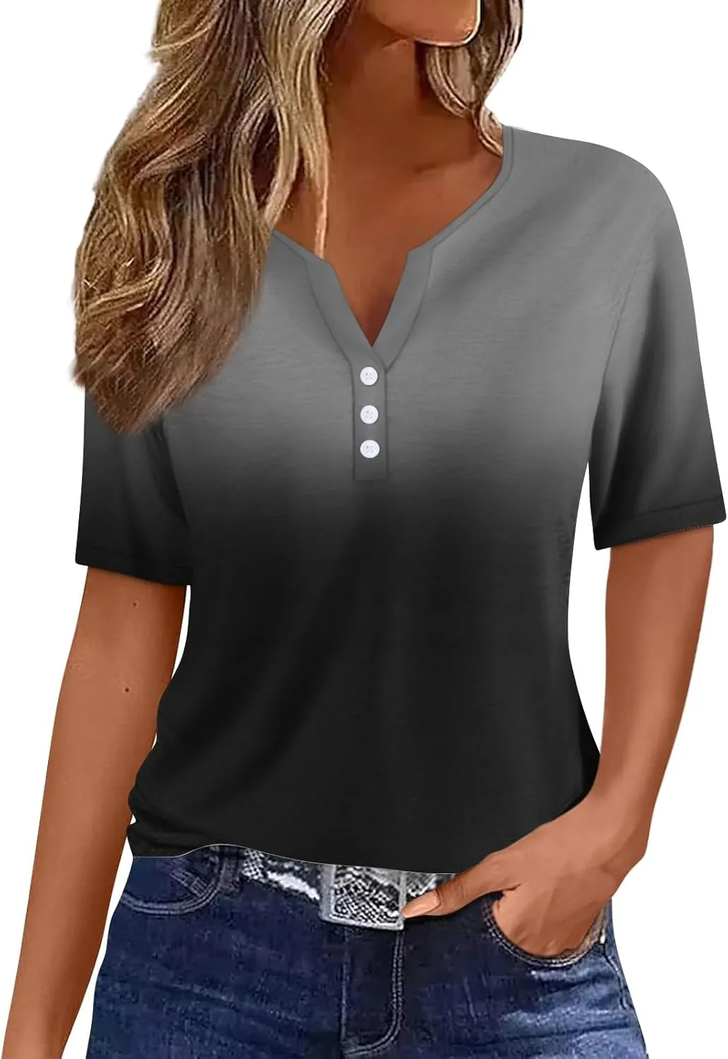 Summer Tops for Women 2025 Button V Neck Boho Short Sleeve Shirts Casual Loose Comfy Tunic Trendy Pullover