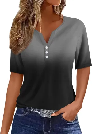 Summer Tops for Women 2025 Button V Neck Boho Short Sleeve Shirts Casual Loose Comfy Tunic Trendy Pullover