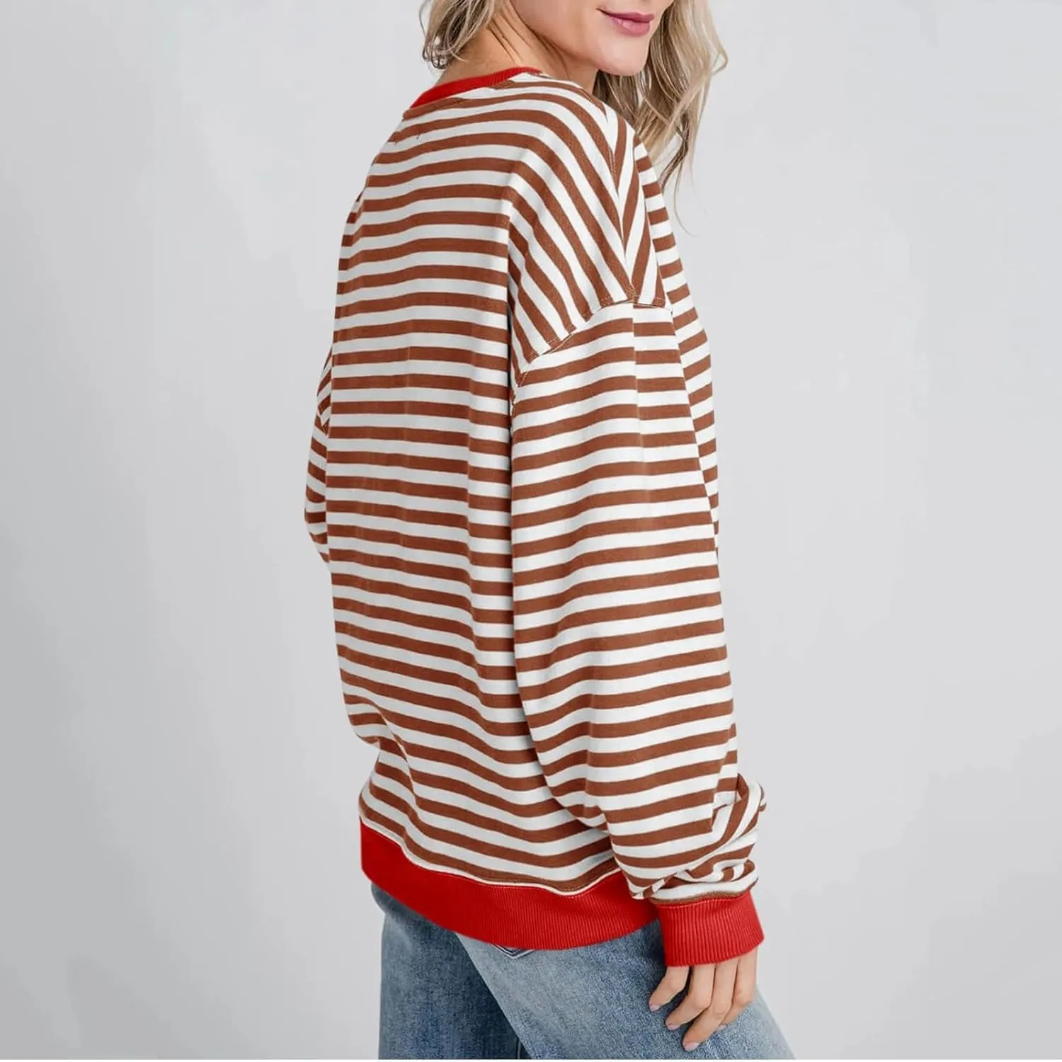 Sweaters for Women Classic Striped Oversized Crewneck Color Block Long Sleeve Casual Sweatshirt Loose Y2k Tops