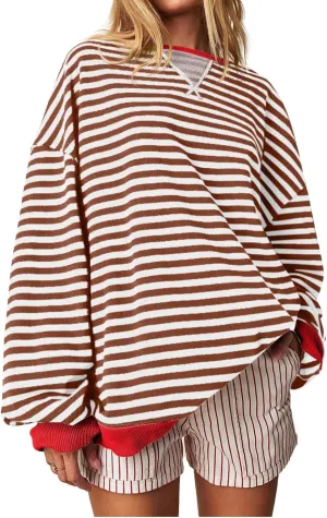 Sweaters for Women Classic Striped Oversized Crewneck Color Block Long Sleeve Casual Sweatshirt Loose Y2k Tops