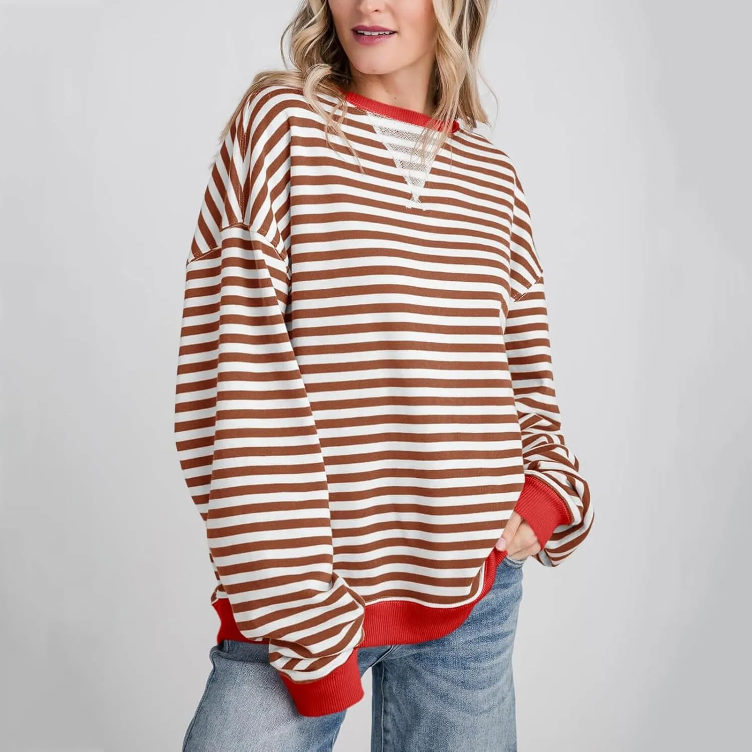 Sweaters for Women Classic Striped Oversized Crewneck Color Block Long Sleeve Casual Sweatshirt Loose Y2k Tops