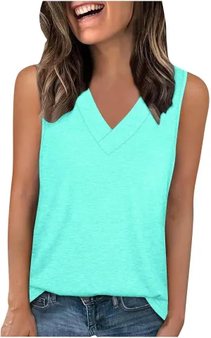 Tank Top for Women Trendy V Neck Camisole Top Loose Fit Sleeveless Blouse 2025 Summer Vacation Outfits Plain Shirts