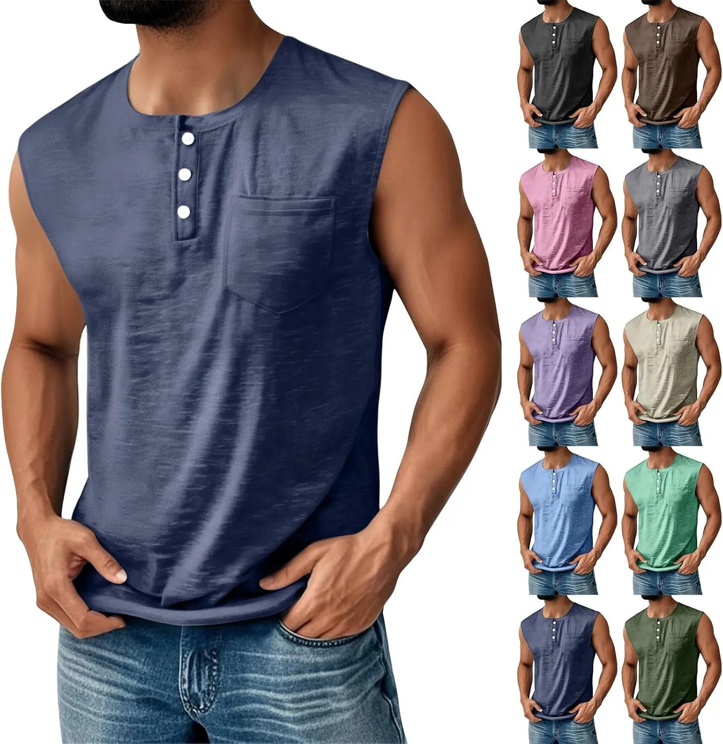 Tank Tops Men Henley Shirts for Men Sleeveless Muscle Gym Workout Running Beach Summer Vintage Button Down Tank Tops