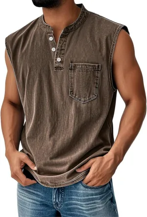 Tank Tops Men Henley Shirts for Men Sleeveless Muscle Gym Workout Running Beach Summer Vintage Button Down Tank Tops