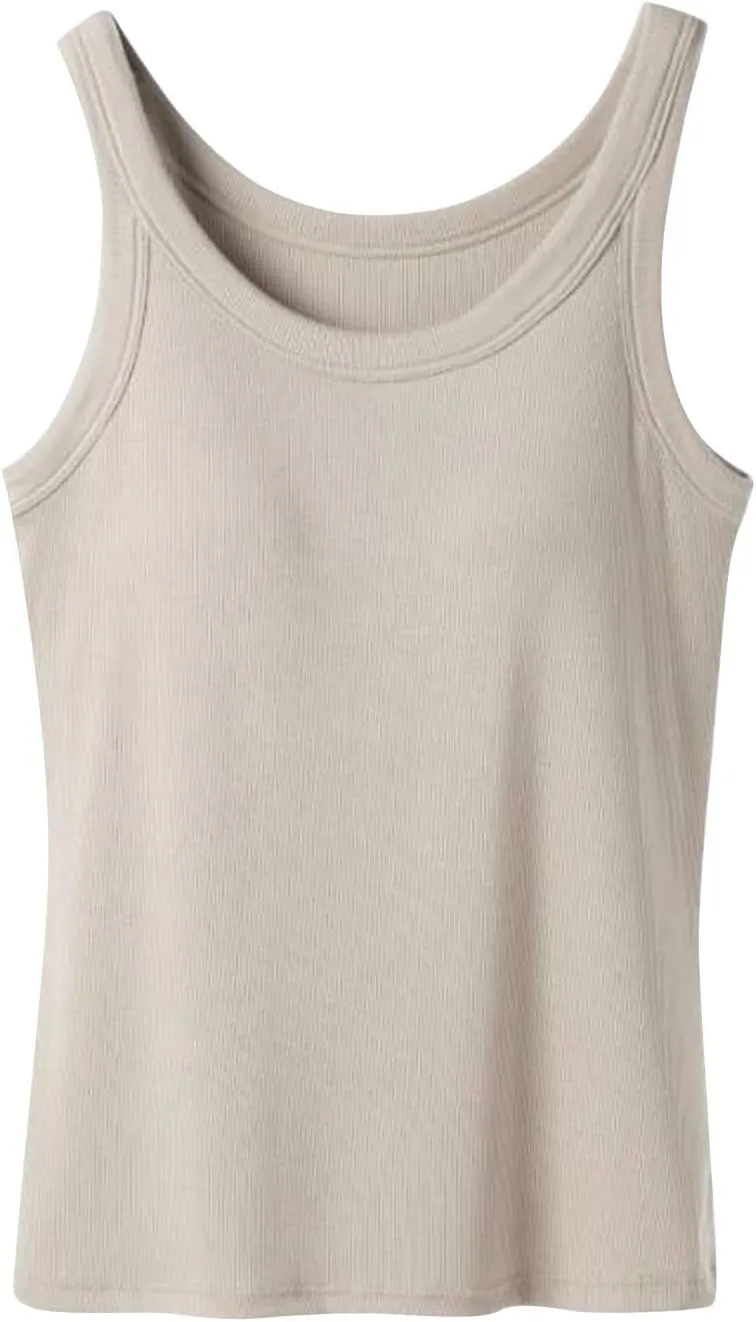 Tank with Built in Bra for Women Scoop Neck Spaghetti Strap Tank Top Ribbed Sleeveless Slim Fit Summer Casual Outfits