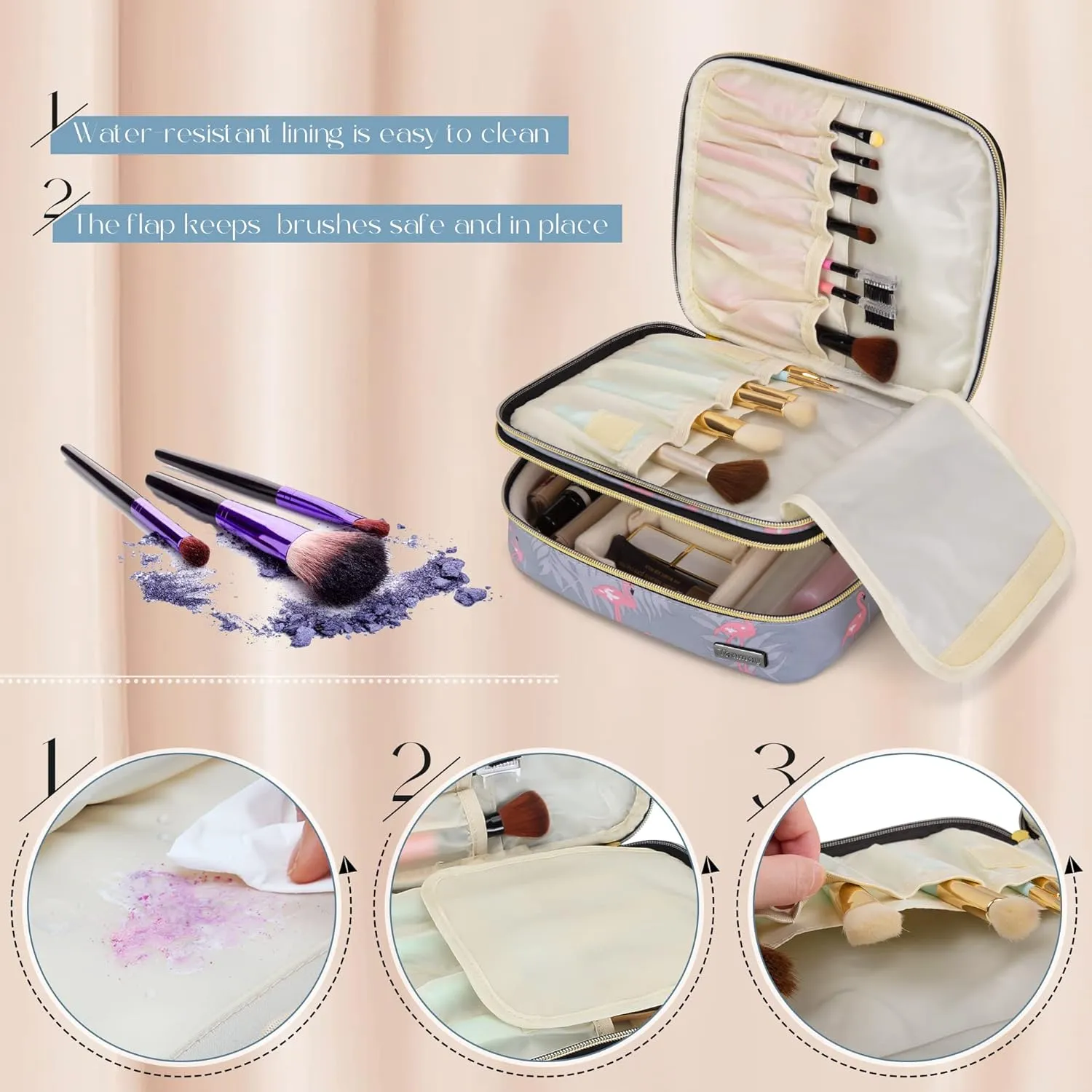 Teamoy Travel Makeup Brush Case, Portable Makeup Brush Organizer Professional Cosmetic Pouch Bag with Handle for Womens Makeup Essentials, Flamingo