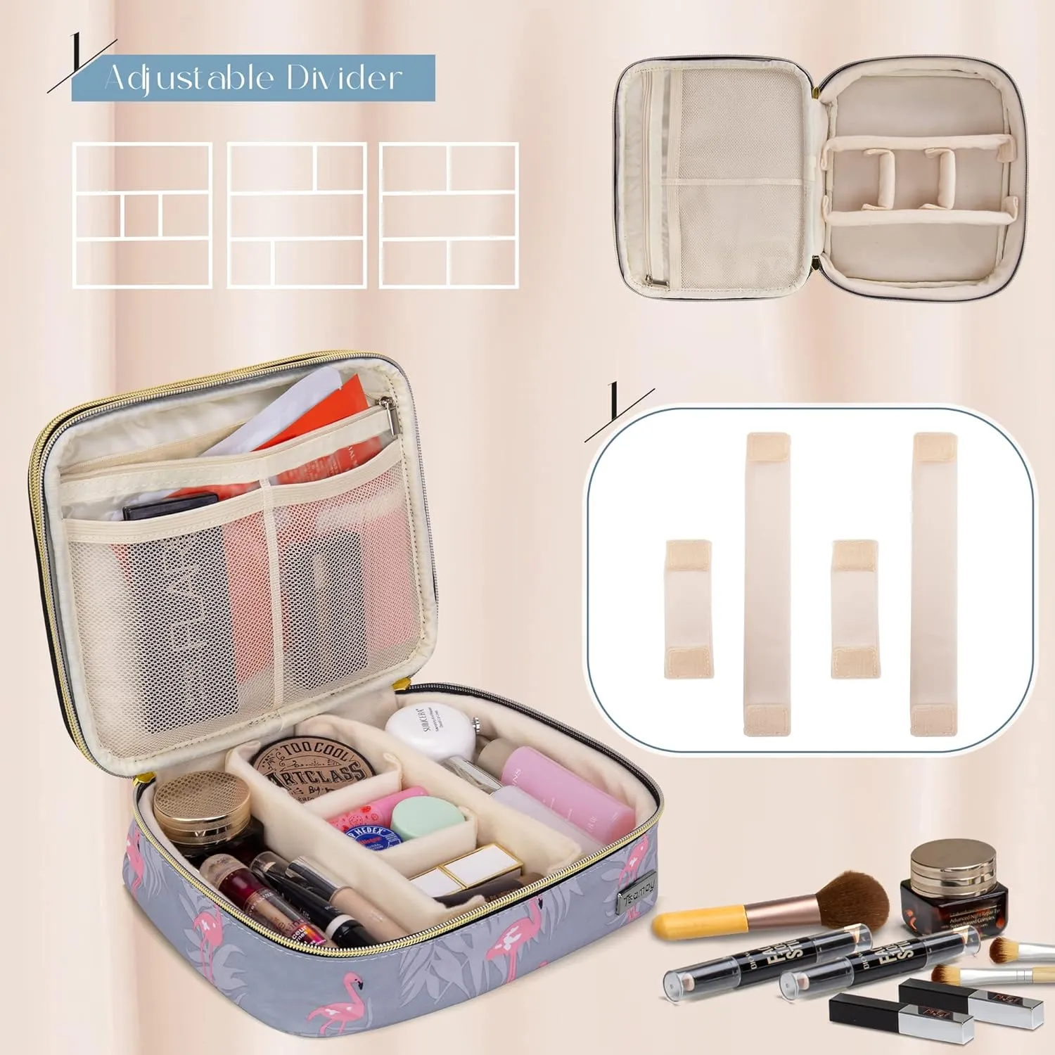 Teamoy Travel Makeup Brush Case, Portable Makeup Brush Organizer Professional Cosmetic Pouch Bag with Handle for Womens Makeup Essentials, Flamingo