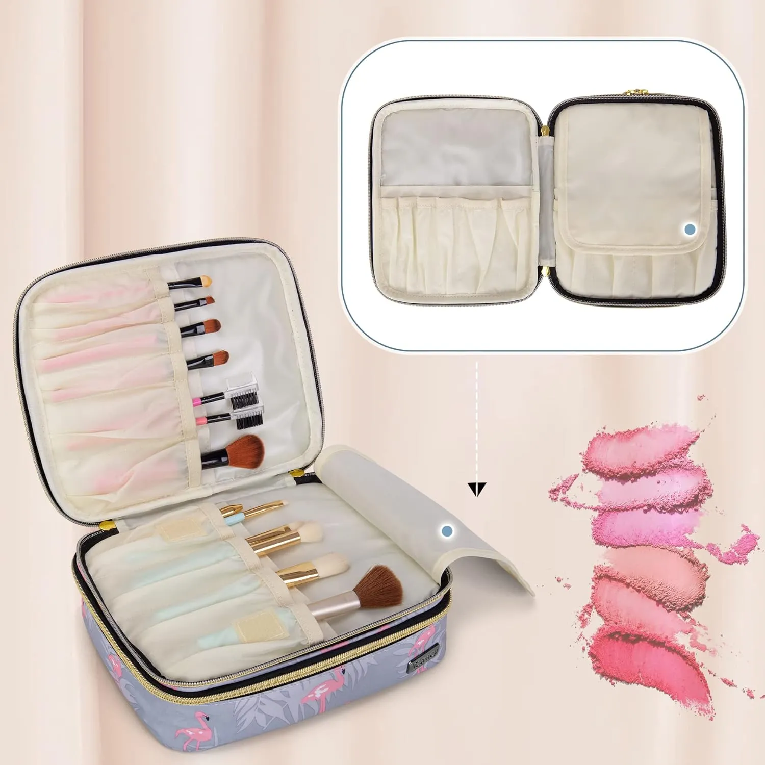 Teamoy Travel Makeup Brush Case, Portable Makeup Brush Organizer Professional Cosmetic Pouch Bag with Handle for Womens Makeup Essentials, Flamingo