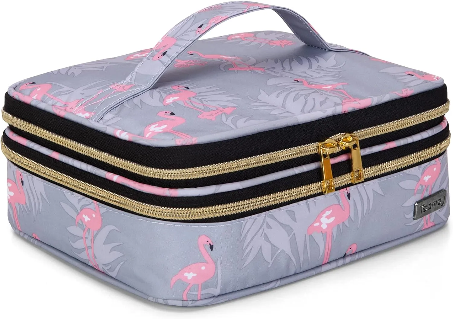 Teamoy Travel Makeup Brush Case, Portable Makeup Brush Organizer Professional Cosmetic Pouch Bag with Handle for Womens Makeup Essentials, Flamingo