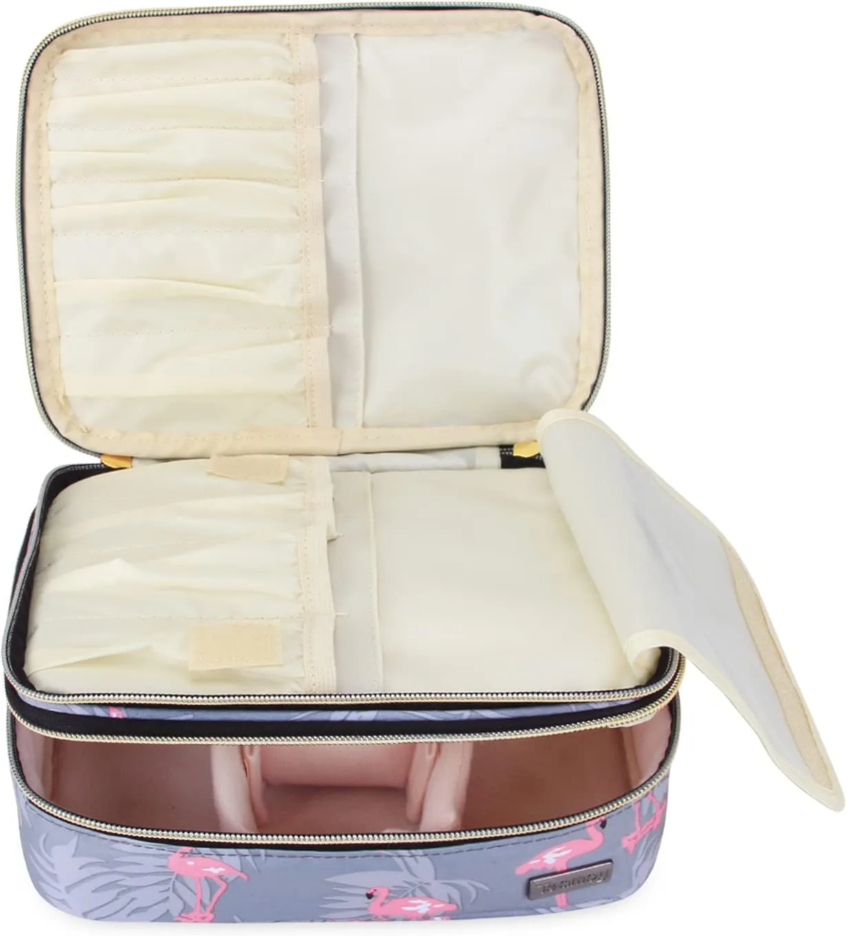 Teamoy Travel Makeup Brush Case, Portable Makeup Brush Organizer Professional Cosmetic Pouch Bag with Handle for Womens Makeup Essentials, Flamingo