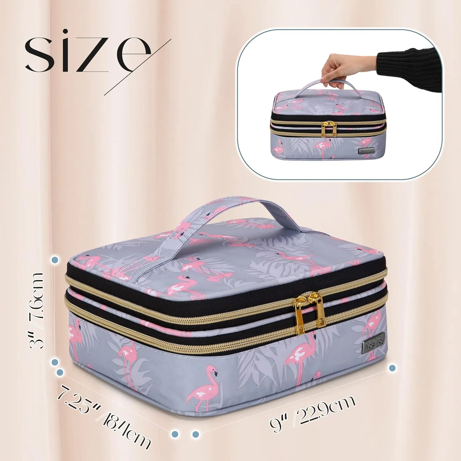 Teamoy Travel Makeup Brush Case, Portable Makeup Brush Organizer Professional Cosmetic Pouch Bag with Handle for Womens Makeup Essentials, Flamingo