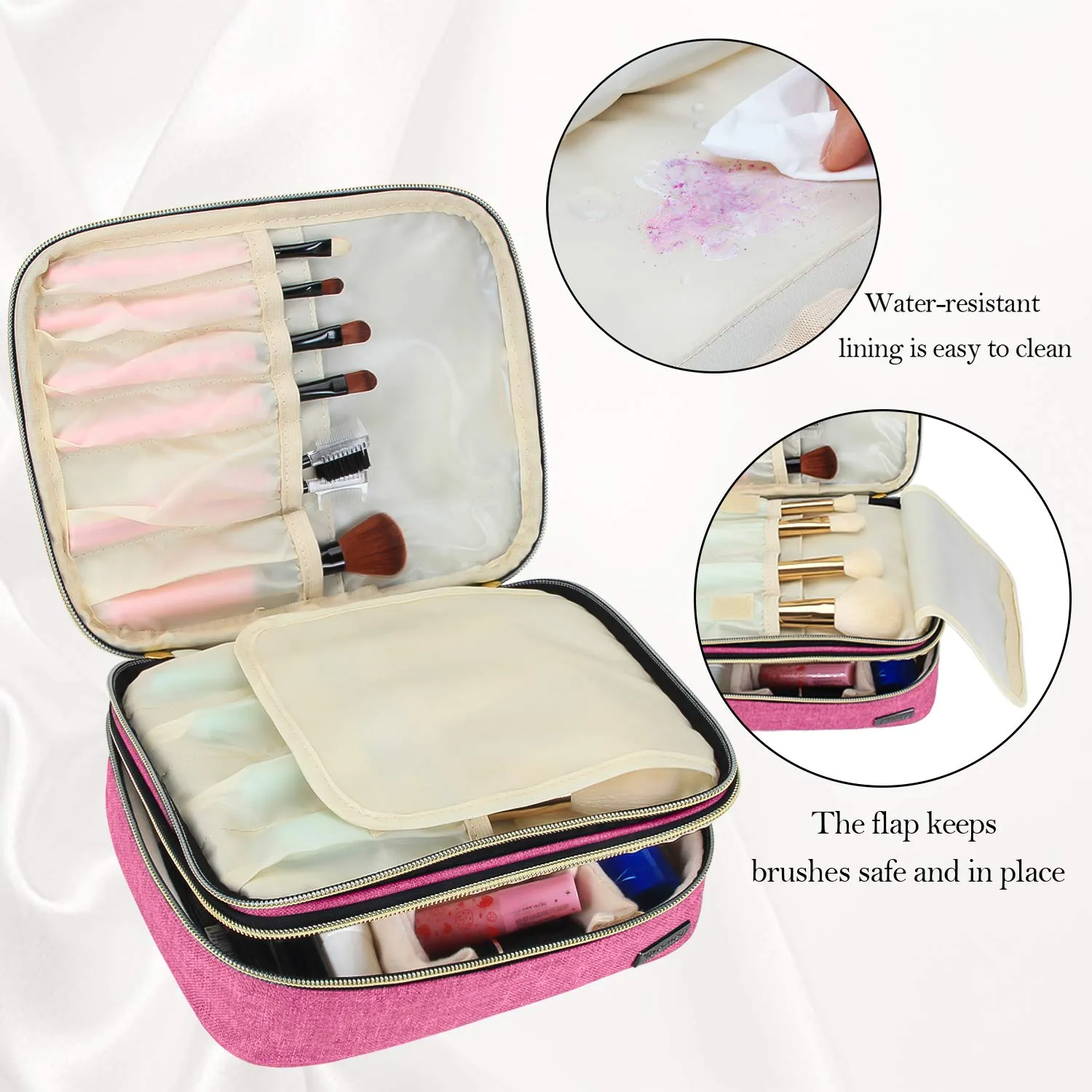 Teamoy Travel Makeup Brush Organizer, Cosmetic Brushes Bag Case with Compartment for Brushes and Beauty Essentials, Pink