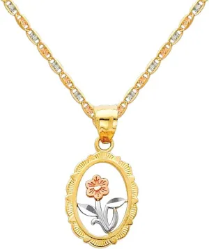 The World Jewelry Center 14k Real Tri Color Gold Flower Pendant with 1.5mm Diamond Cut Chain Necklace