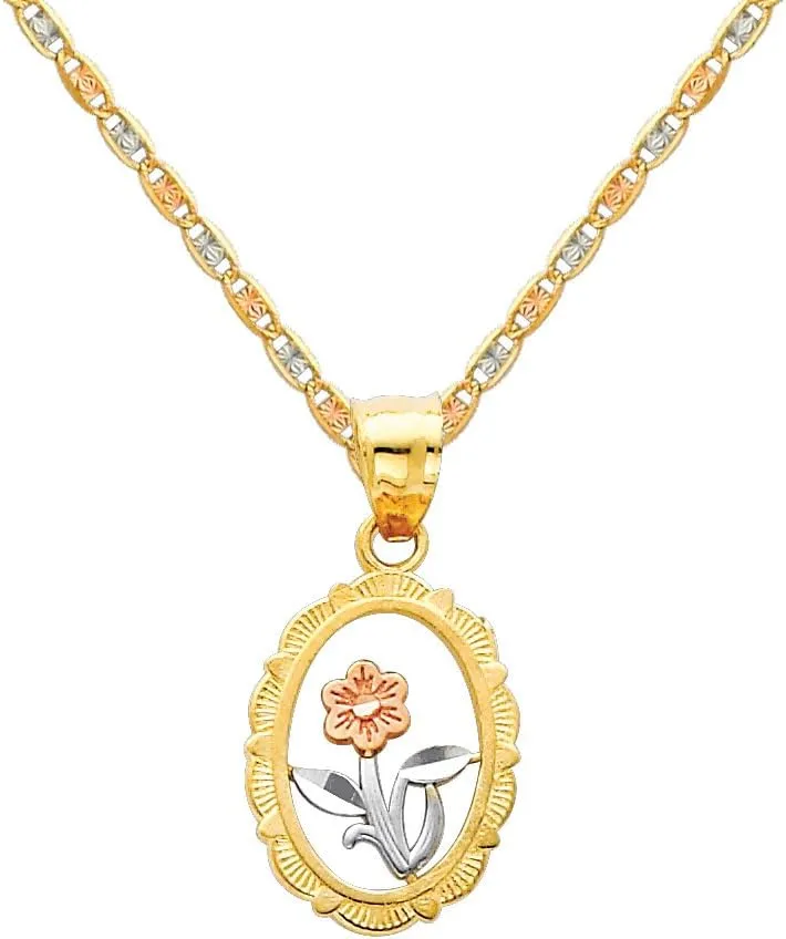 The World Jewelry Center 14k Real Tri Color Gold Flower Pendant with 1.5mm Diamond Cut Chain Necklace