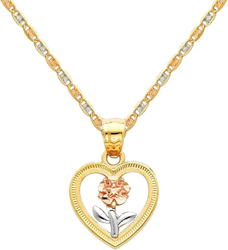 The World Jewelry Center 14k Tri Color Gold Flower in Heart Pendant with 1.5mm Valentino Diamond Cut Chain Necklace