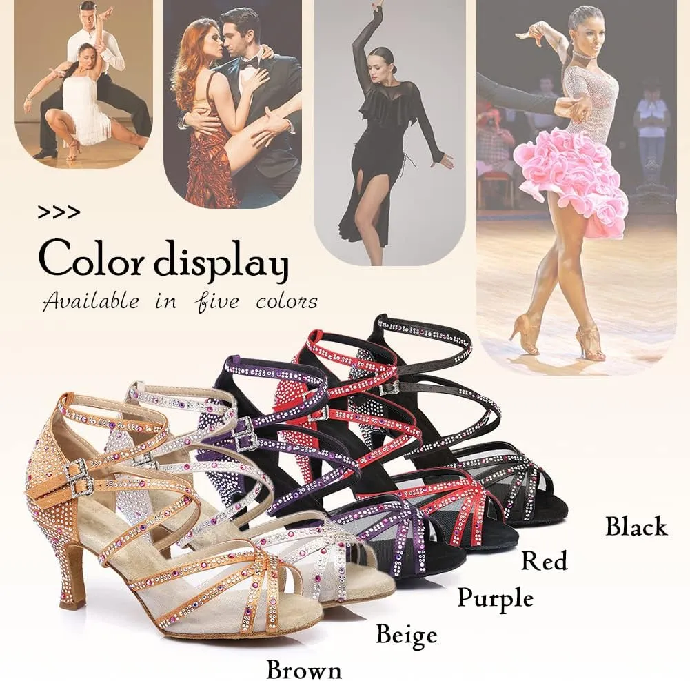 TINRYMX Latin Dance Shoes Women Rhinestones Tango Salsa Performance Ballroom Party Dance Shoes,Model-L373