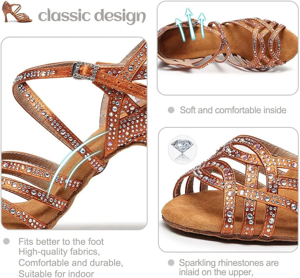 TINRYMX Women's Latin Dance Shoes Open Toe Rhinestones Cross-Strap Ballroom Party Performance Dance Shoes,Model-YCL429