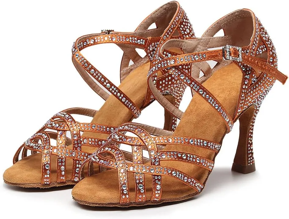 TINRYMX Women's Latin Dance Shoes Open Toe Rhinestones Cross-Strap Ballroom Party Performance Dance Shoes,Model-YCL429