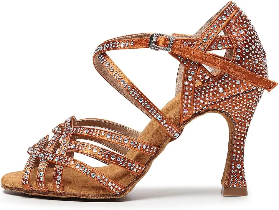 TINRYMX Women's Latin Dance Shoes Open Toe Rhinestones Cross-Strap Ballroom Party Performance Dance Shoes,Model-YCL429