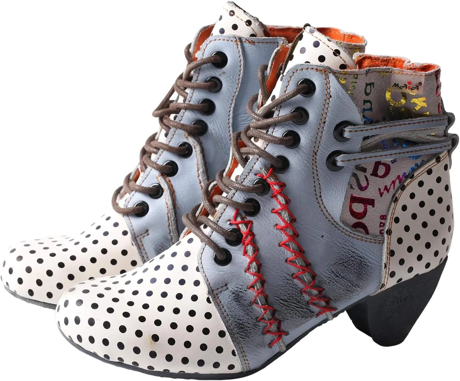 TMA EYES Polka Dot LEather Women Boots With Moccasin Hand Stitching