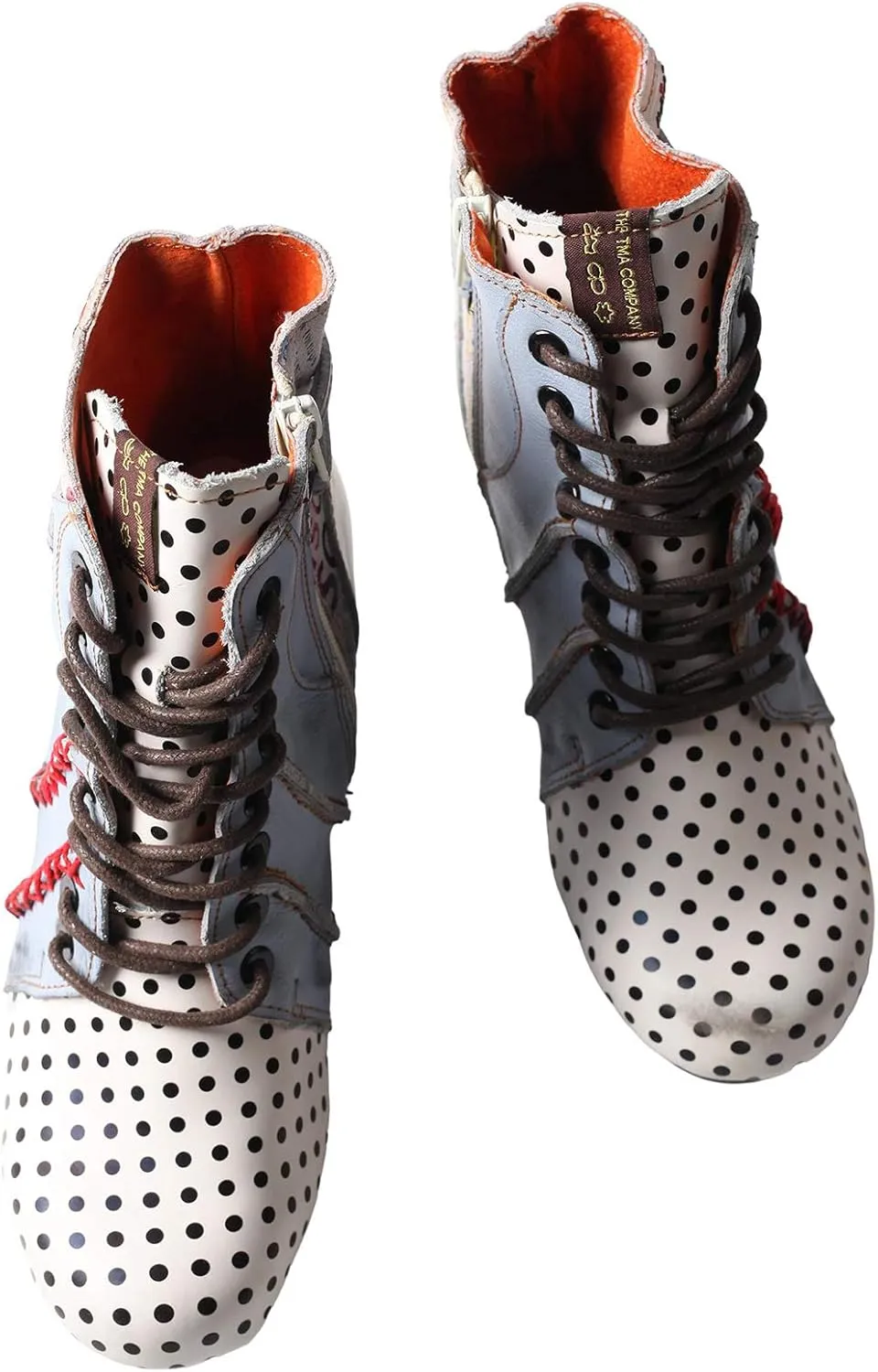 TMA EYES Polka Dot LEather Women Boots With Moccasin Hand Stitching