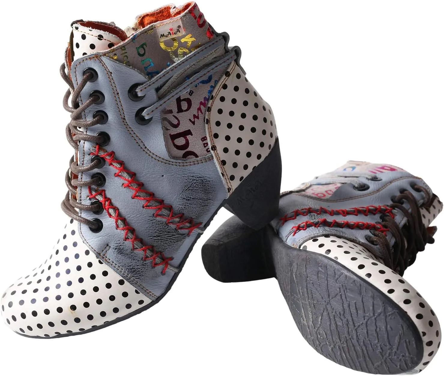 TMA EYES Polka Dot LEather Women Boots With Moccasin Hand Stitching