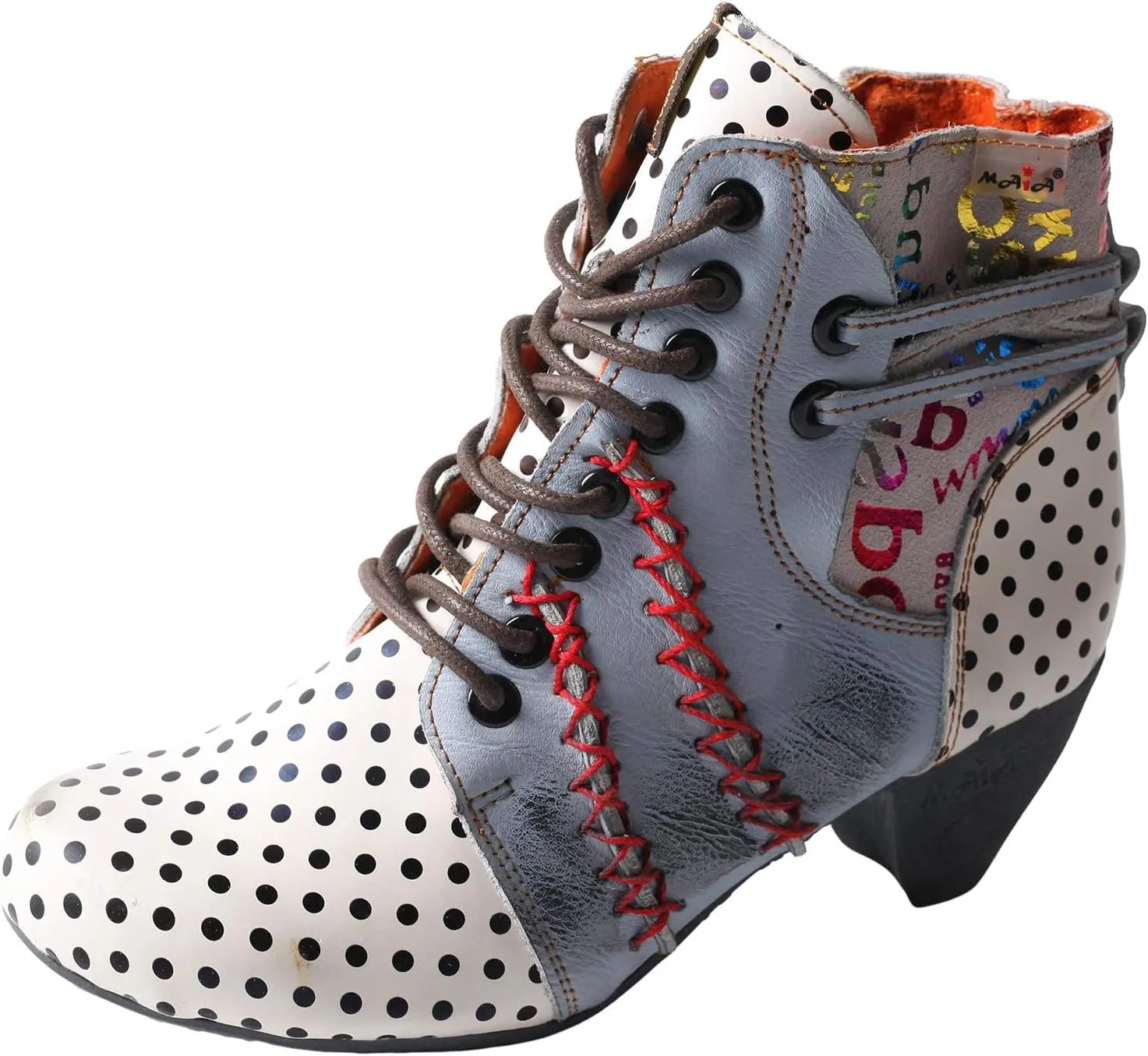 TMA EYES Polka Dot LEather Women Boots With Moccasin Hand Stitching